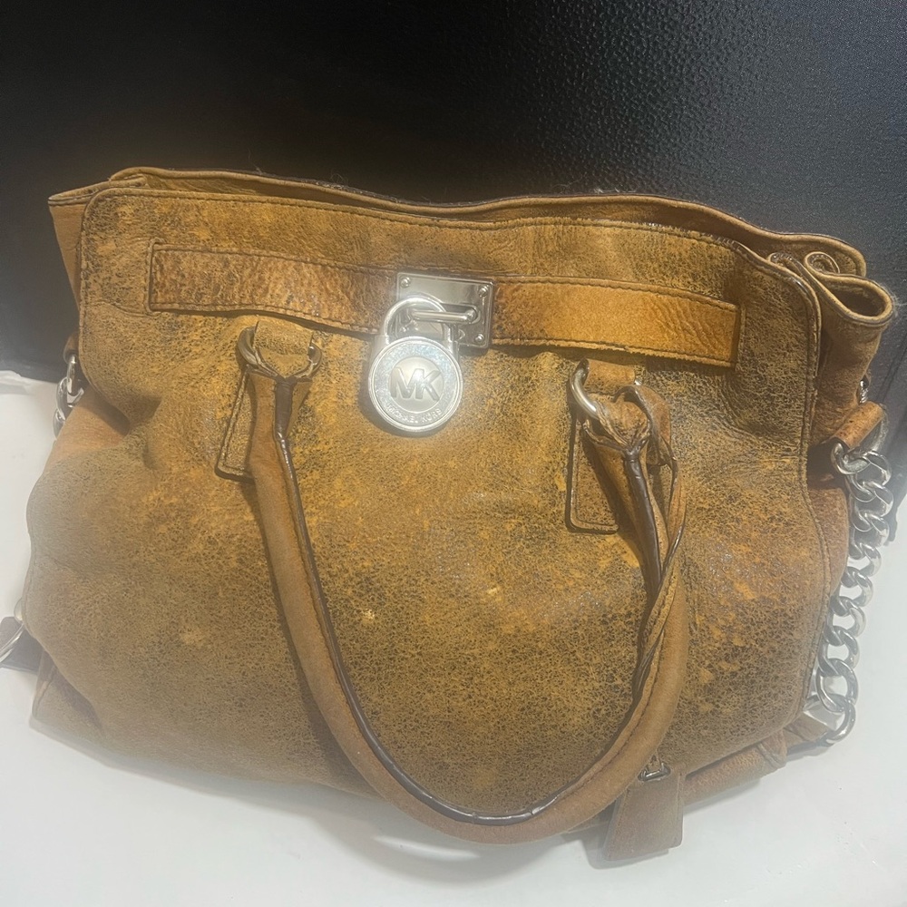 Michael Kors Rust Brown Leather Satchel with Silver Hardware